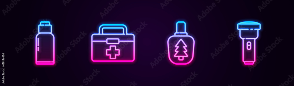 Set line Canteen water bottle, First aid kit, and Flashlight. Glowing neon icon. Vector Set line Canteen water bottle, First aid kit, and Flashlight. Glowing neon icon. Vector