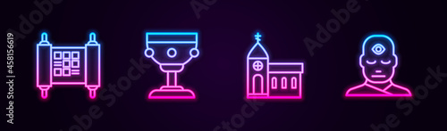 Set line Decree, paper, parchment, scroll, Christian chalice, Church building and Man with third eye. Glowing neon icon. Vector