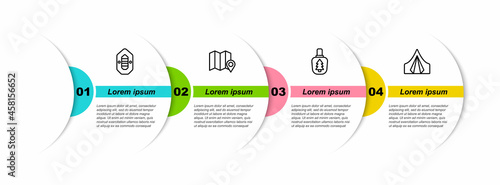 Set line Rafting boat, Location of the forest on map, Canteen water bottle and Tourist tent. Business infographic template. Vector