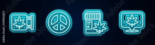 Set line Marijuana and cannabis store, Peace, Medical bottle with marijuana and Location. Glowing neon icon. Vector