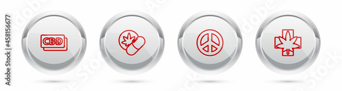 Set line Cannabis molecule, Herbal ecstasy tablets, Peace and Medical marijuana or cannabis leaf. Silver circle button. Vector