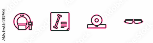 Set line Tomography, Otolaryngological head reflector, X-ray shots and Safety goggle glasses icon. Vector