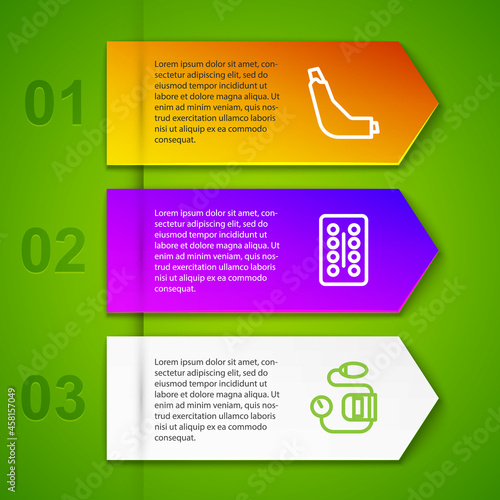 Set line Inhaler, Pills in blister pack, Blood pressure and Syringe. Business infographic template. Vector