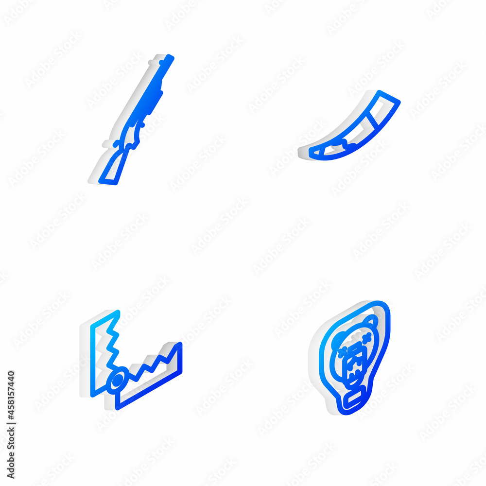 Set Isometric line Hunting horn, Shotgun, Trap hunting and Bear head on shield icon. Vector Set Isometric line Hunting horn, Shotgun, Trap hunting and Bear head on shield icon. Vector
