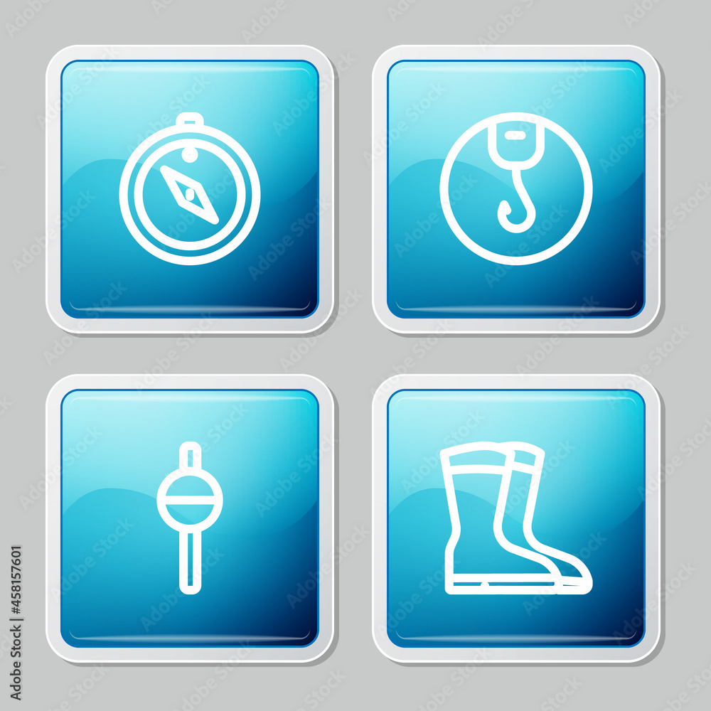 Set line Compass, Fishing hook, float and boots icon. Vector Set line Compass, Fishing hook, float and boots icon. Vector
