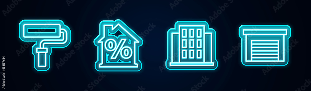 Set line Paint roller brush, House with percant discount, and Garage. Glowing neon icon. Vector Set line Paint roller brush, House with percant discount, and Garage. Glowing neon icon. Vector