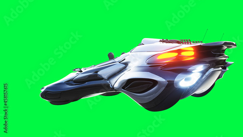 Futuristic sci fi flying car, ship. green screen isolate. 3d rendering. © 3D motion