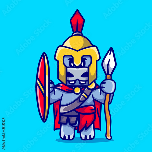 cute hippo gladiator spartan with shield and spear