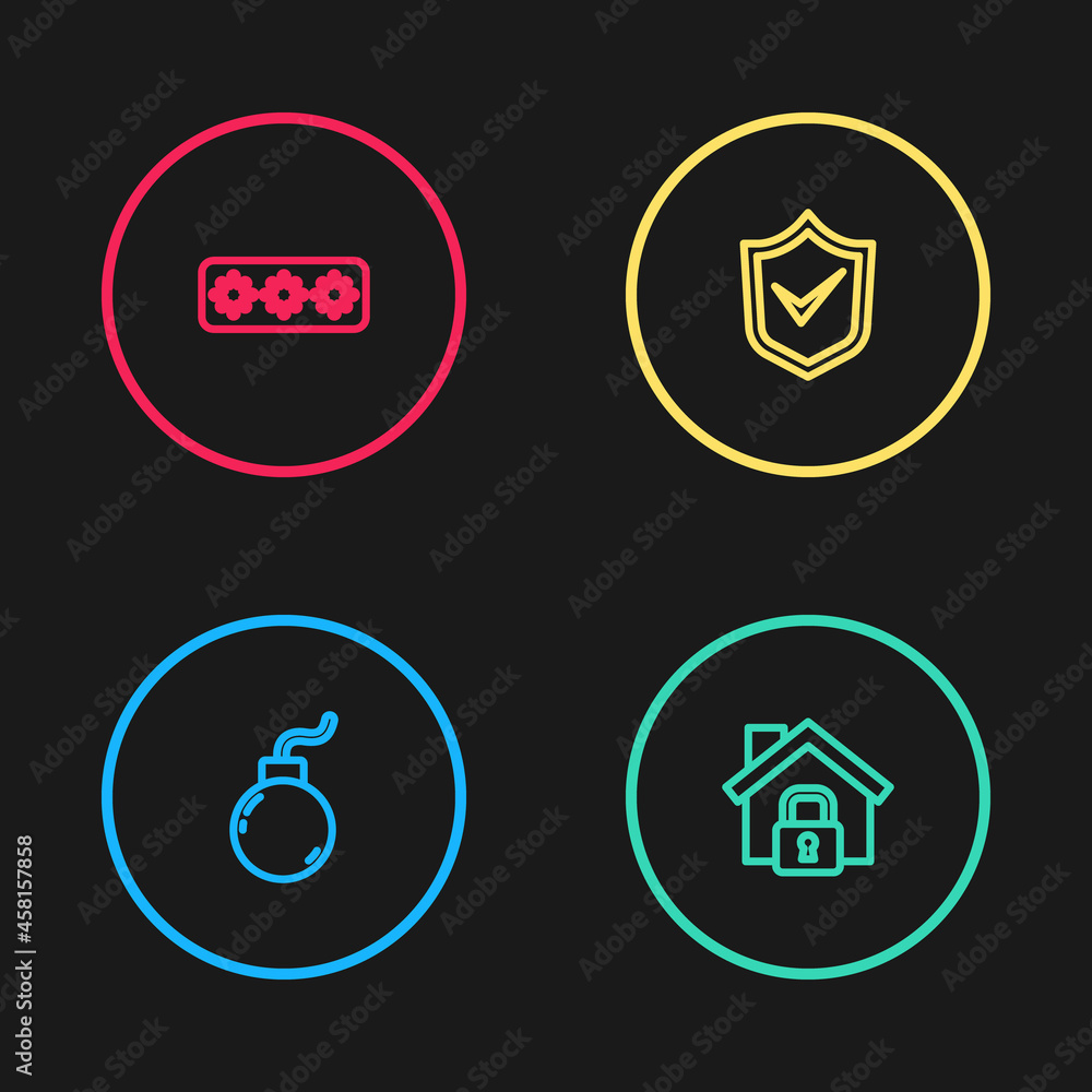 Set line Bomb ready to explode, House under protection, Shield with check mark and Password icon. Vector Set line Bomb ready to explode, House under protection, Shield with check mark and Password icon. Vector