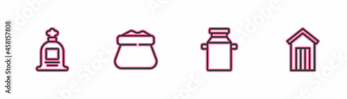 Set line Full sack, Can container for milk, and Wooden outdoor toilet icon. Vector