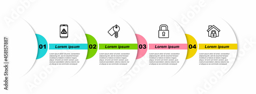 Set line Mobile with exclamation mark, Marked key, Lock and House under protection. Business infographic template. Vector