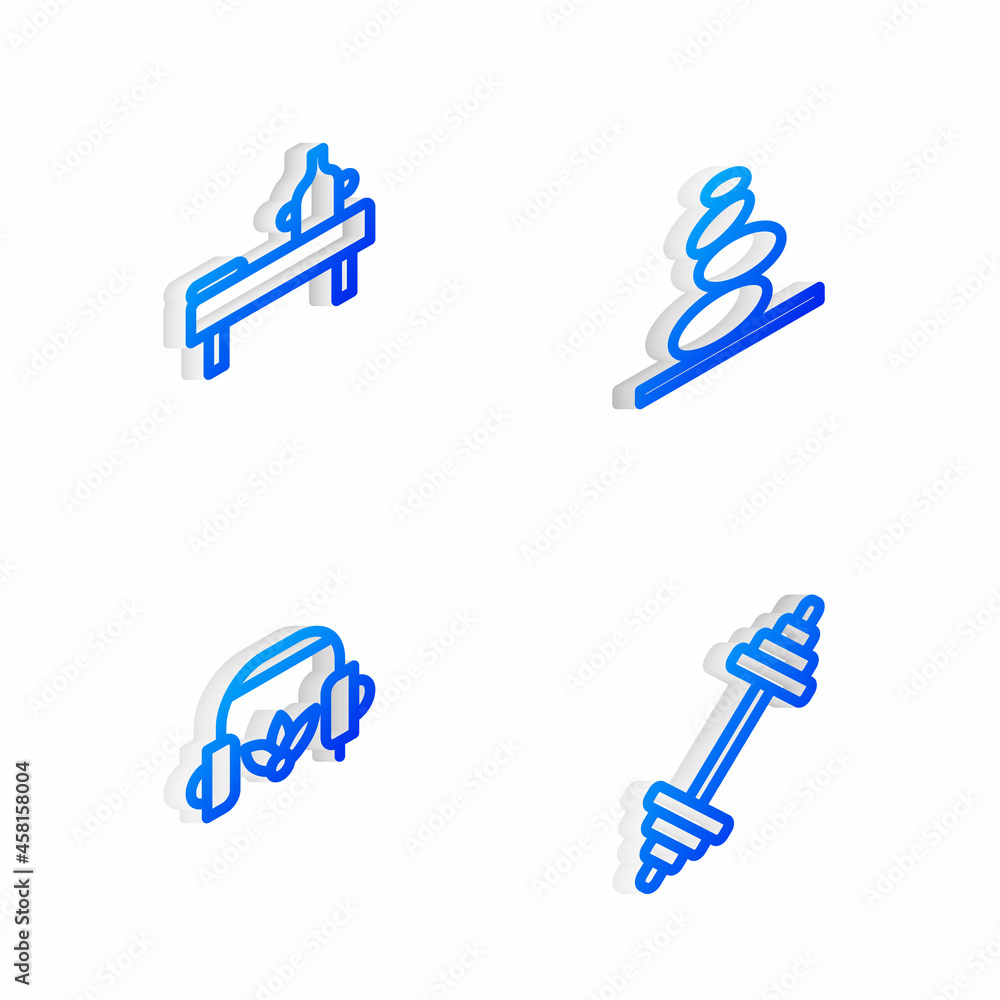 Set Isometric line Stack hot stones, Massage table with oil, Headphones for meditation and Dumbbell icon. Vector Set Isometric line Stack hot stones, Massage table with oil, Headphones for meditation and Dumbbell icon. Vector