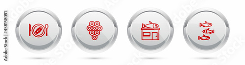 Set line Served cucumber on a plate, Caviar, Seafood store and Fishes. Silver circle button. Vector