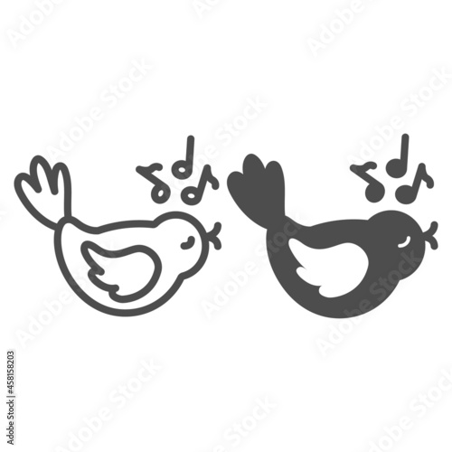 Singing bird with musical notes line and solid icon, gardening concept, bird sings a song vector sign on white background, outline style icon for mobile concept and web design. Vector graphics.