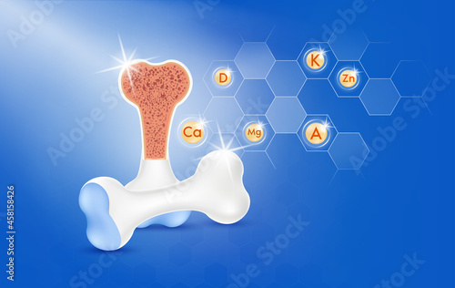 Vitamins for bone. Essential nutrients for bone health main human organs with molecular. Calcium, Zinc, Menadione and Vitamin D, A, K. Medical and health concepts. 3D vector EPS10