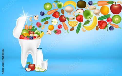 Assortment of food for healthy teeth and healthy smile. Vegetables Fruits rich in vitamins and minerals. Best food for oral and gum health. Concept of dental nutrition healthy. 3D Vector.