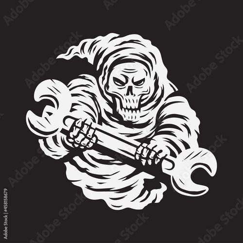 skull grim reaper holding wrench vector illustration
