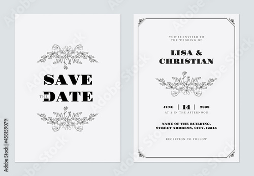 Vintage floral wedding invitation card template, line art flowers and leaves on grey