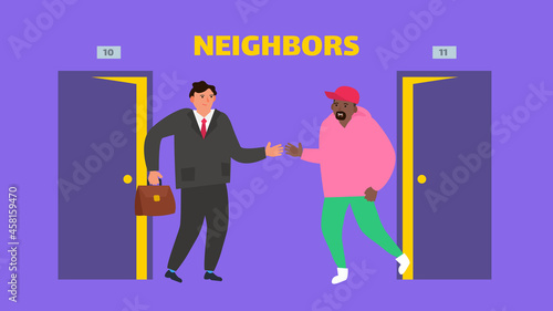 two men neighbors greetnig to each other vector illusttration