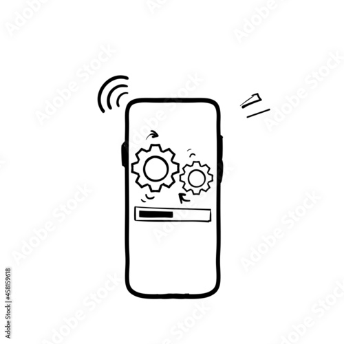 hand drawn doodle mobile phone and gears icon illustration symbol for setting up application