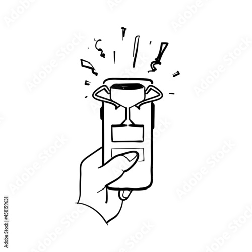 hand drawn doodle smartphone and trophy illustration symbol for winner isolated