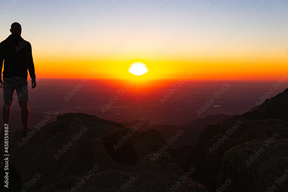 Epic Man On Mountain Colorful Sunrise
