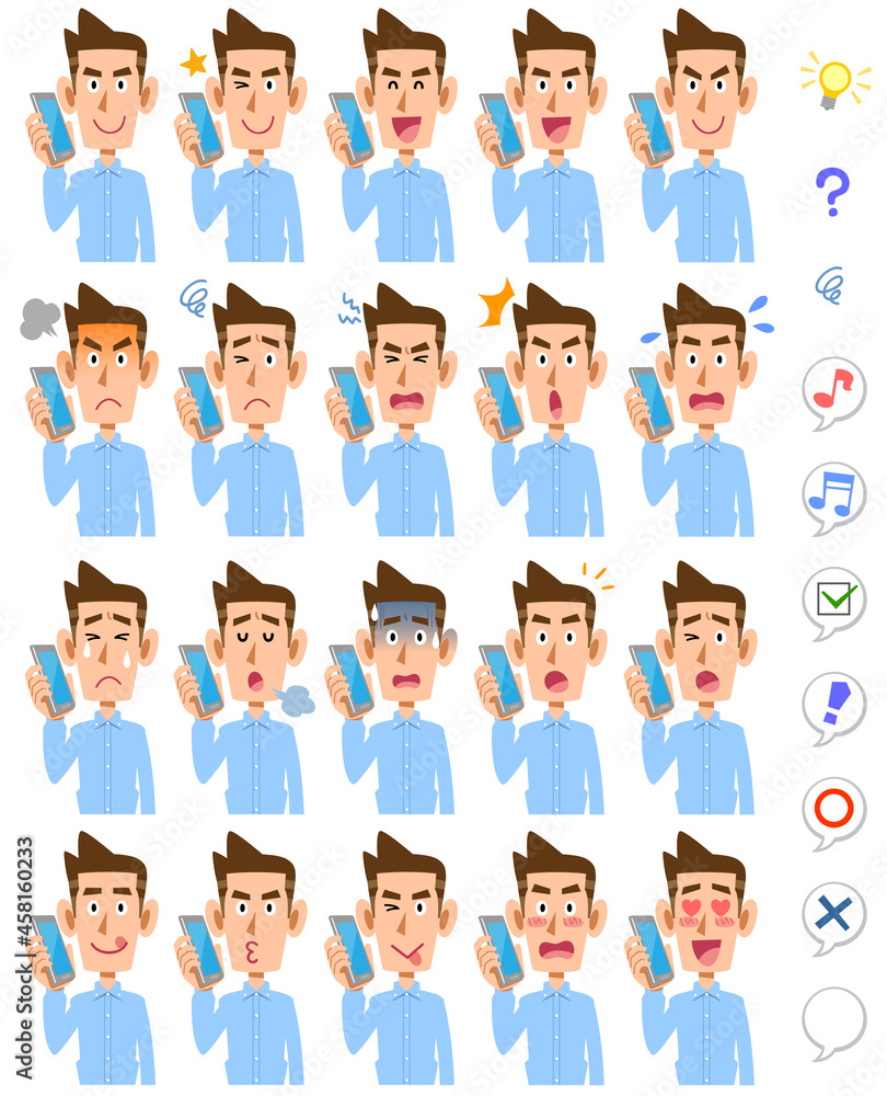 スマートフォンで会話するシャツを着た男性の20種類の表情と上半身
スマートフォンで会話するシャツを着た男性の20種類の表情と上半身