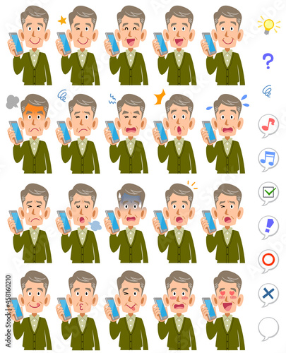 電話で会話するシニアの男性の20種類の表情と上半身
