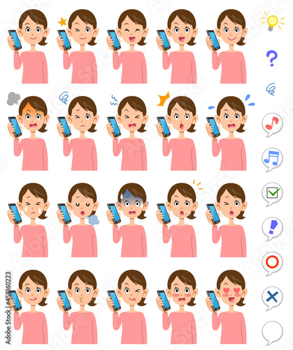 電話で会話する髪を縛った女性の20種類の表情　母親、妻
