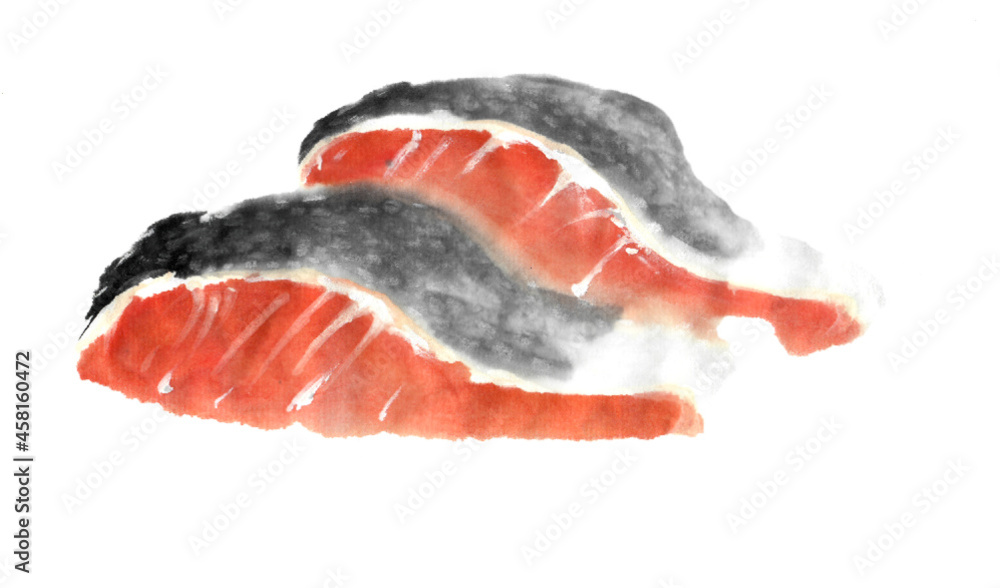 水墨画技法で描かれた鮭の切り身
