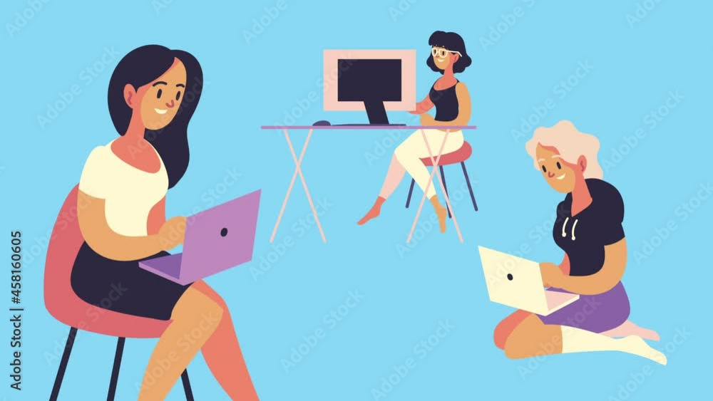 young women using computers characters young women using computers characters