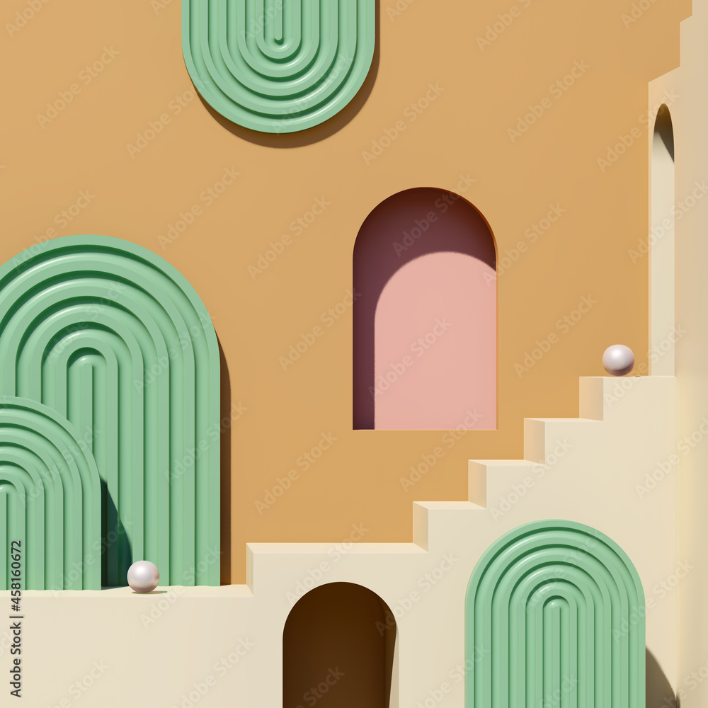 Obraz premium 3d render image cream brown stairs podium with green pink background product display advertisement.