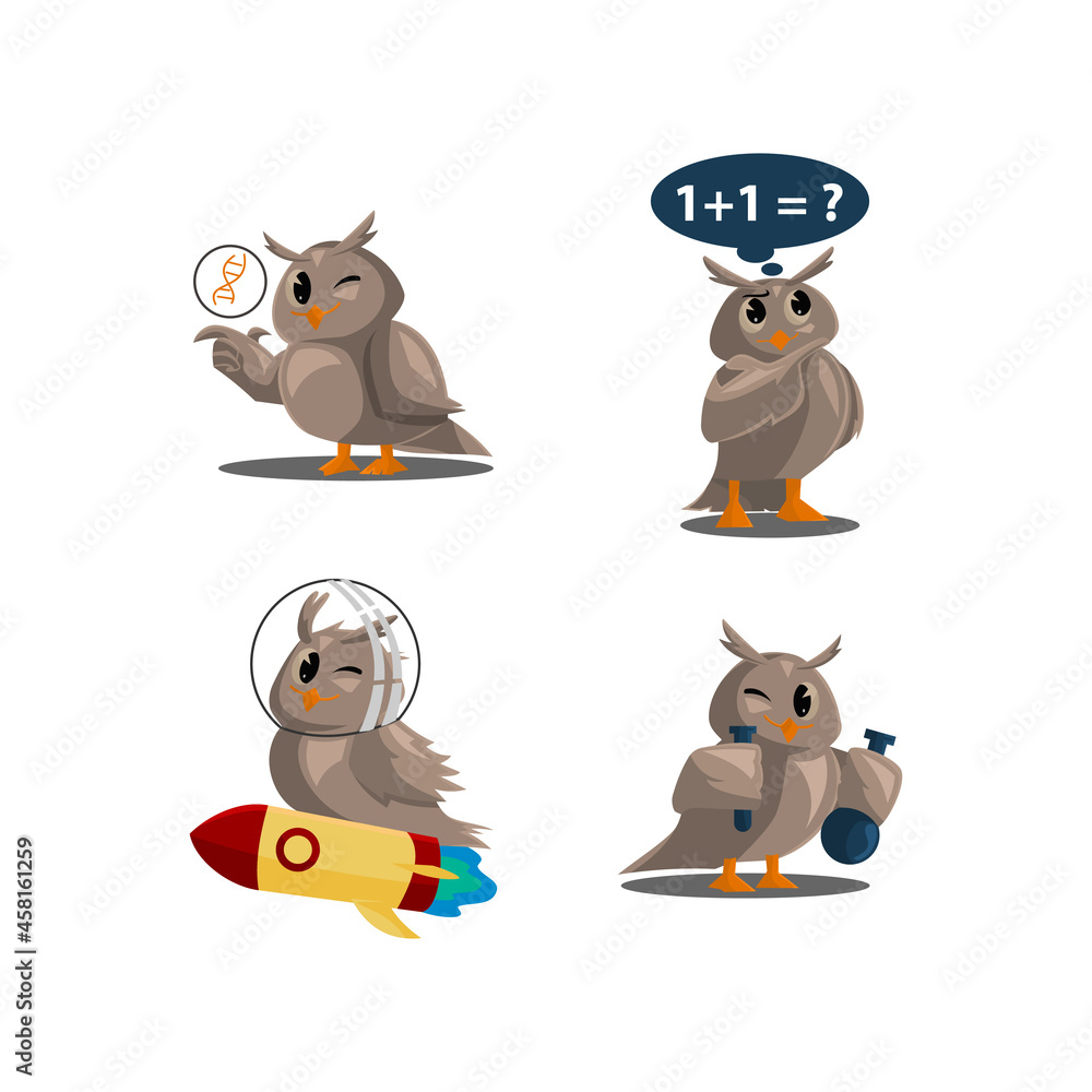 Naklejka premium School owls. Color cute birds studying in school. Teaching education cartoon vector characters