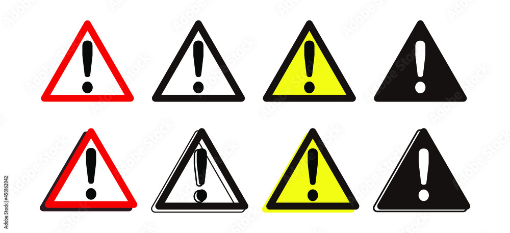 Warning attention icon exclamation mark. Triangular warning symbols with exclamation mark. Caution alarm set, danger signs collection, attention vector icon. eps10 vector Warning attention icon exclamation mark. Triangular warning symbols with exclamation mark. Caution alarm set, danger signs collection, attention vector icon. eps10 vector