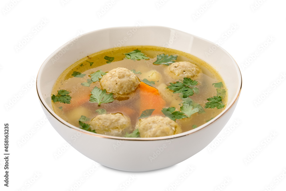 Bowl with tasty meatball soup on white background Bowl with tasty meatball soup on white background