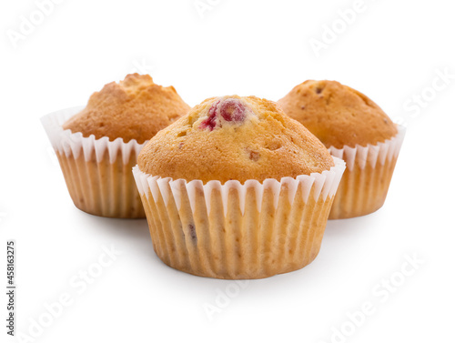 Tasty cranberry muffins on white background