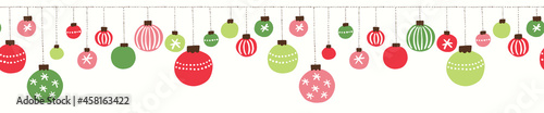 Colorful Green and Red Christmas Hanging Baubles Hand Drawn Vector Seamless Pattern Horizontal Border. Winter Holiday, New Year Party Print. Modern Festive Illustration Background
