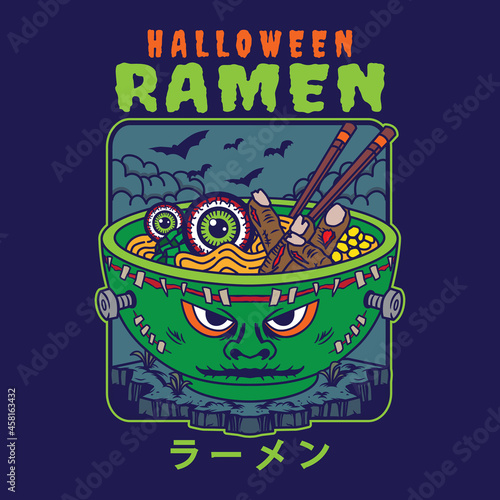 Illustration design of delicious japanese ramen noodle on bowl with halloween frankenstein vintage flat style. Good for logo, background, tshirt, banner