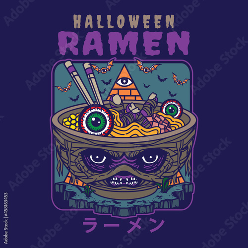 Illustration design of delicious japanese ramen noodle on bowl with halloween mummy vintage flat style. Good for logo, background, tshirt, banner