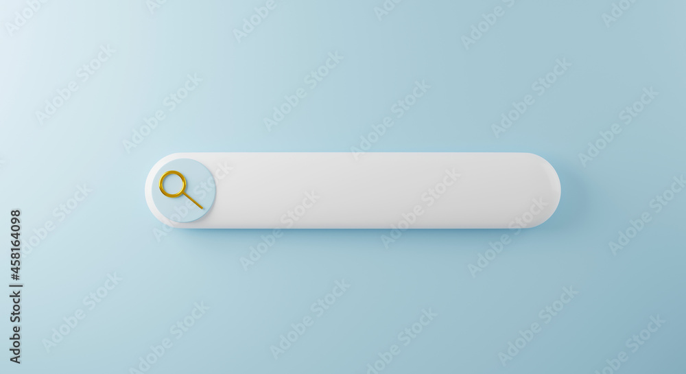 Blank search bar button with magnifying glass on blue background, creative web searching design element, Browsing internet data box concept, 3D rendering illustration Blank search bar button with magnifying glass on blue background, creative web searching design element, Browsing internet data box concept, 3D rendering illustration