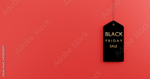 Black Friday Sale tag and the rope hanging, Black Friday design creative present template with copy space on red background, 3D rendering illustration for advertising