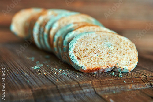 Stale, moldy pieces of stale bread. Mold on sliced bread with harmful bacteria. Fungal mold has spoiled the food, Modify the fungus into an antiviral chemical