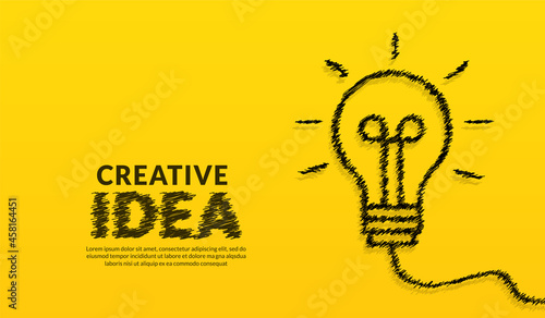 Creative ideas concept with doodle light bulb and typography lettering of idea on yellow background, inspiration, innovation, creativity