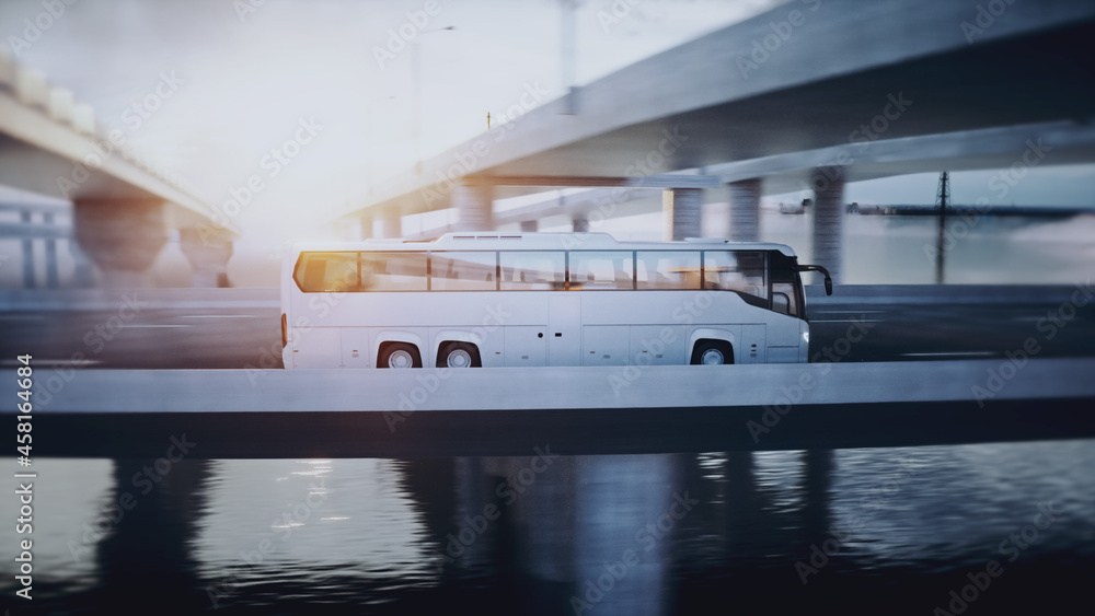 Touristic passenger bus on highway. Very fast driving. Tourism concept. 3d rendering. Touristic passenger bus on highway. Very fast driving. Tourism concept. 3d rendering.