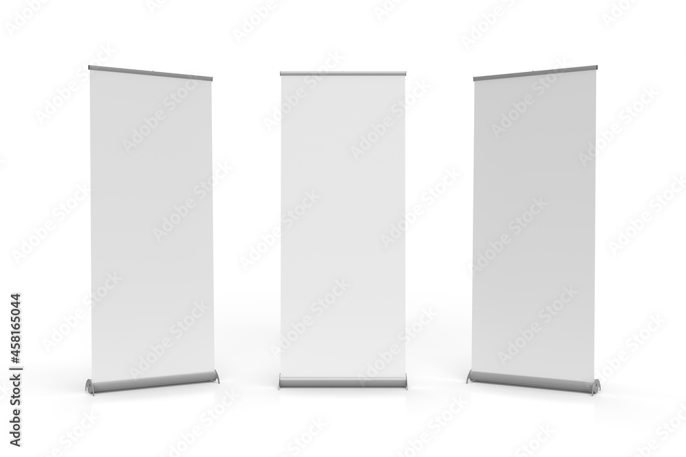 Roll up banner exhibition display pullup banner signage isolated on white background, 3 views, 850x2000 standard size. Isolated on white background with aluminum base. , 3d render illustration. Roll up banner exhibition display pullup banner signage isolated on white background, 3 views, 850x2000 standard size. Isolated on white background with aluminum base. , 3d render illustration.