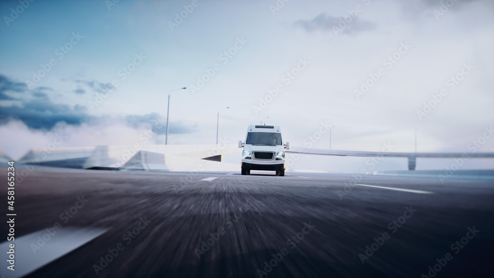 Obraz premium White delivery van on highway. Very fast driving. Delivery concept. 3d rendering.