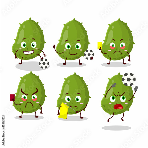 Virus desease cartoon character working as a Football referee