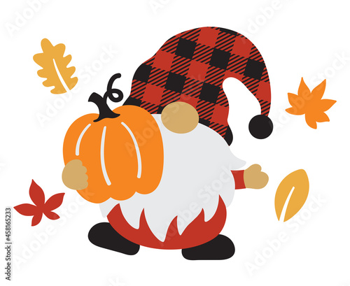 Cute gnome with plaid pattern hat holding a pumpkin with fall leaves background vector illustration.