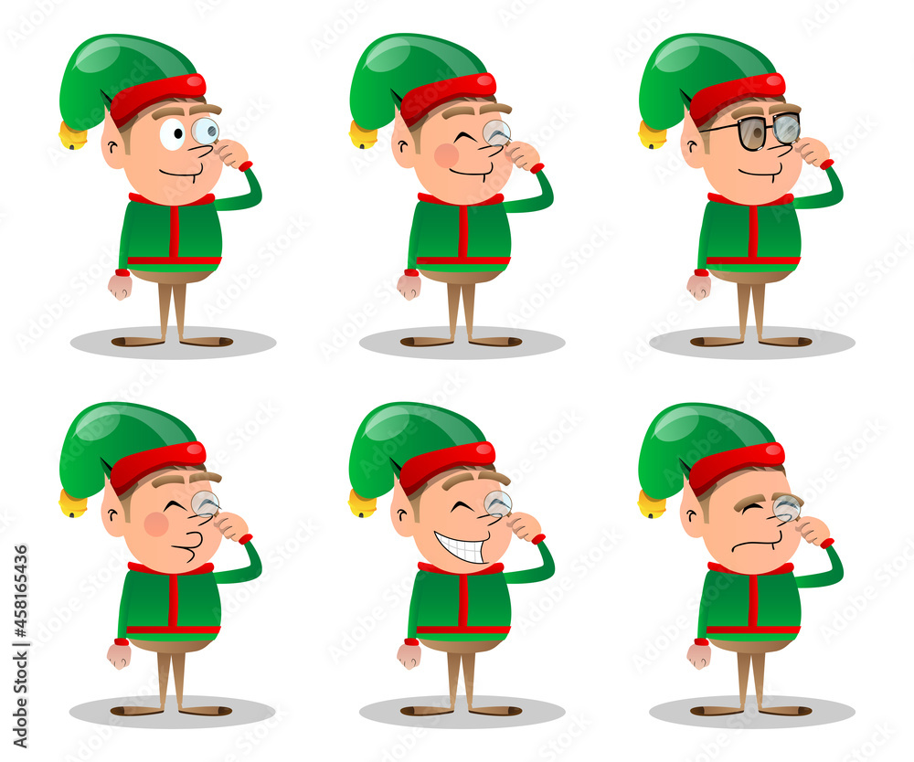 Christmas Elf holding a magnifying glass. Vector cartoon character illustration of Santa Claus's little worker, helper. Christmas Elf holding a magnifying glass. Vector cartoon character illustration of Santa Claus's little worker, helper.
