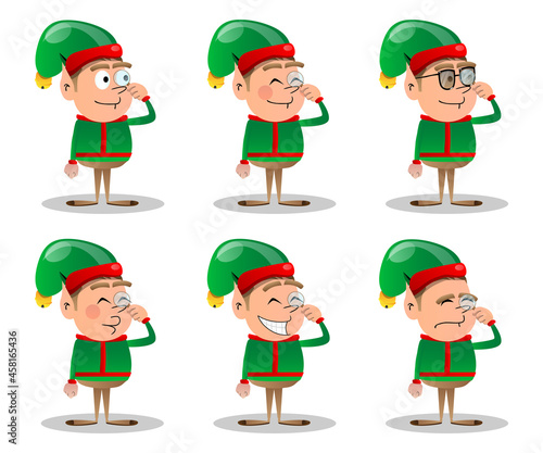 Christmas Elf holding a magnifying glass. Vector cartoon character illustration of Santa Claus's little worker, helper.
